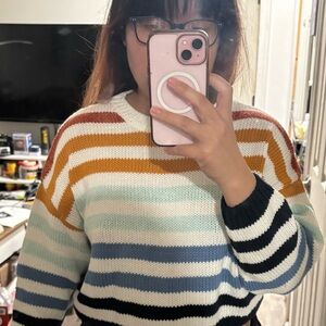 Lulu's Bold Orange and Blue Striped Crew Neck Sweater